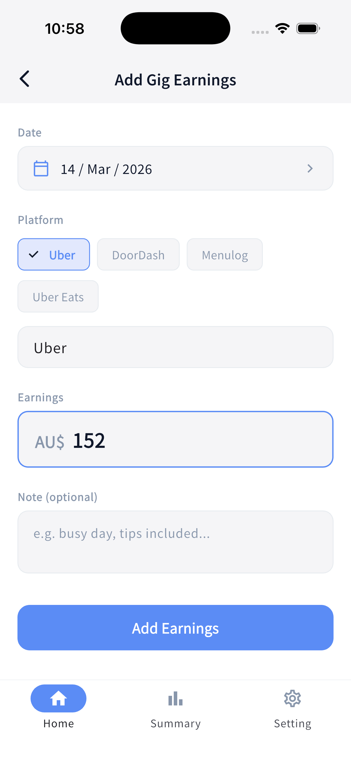 Add gig earnings