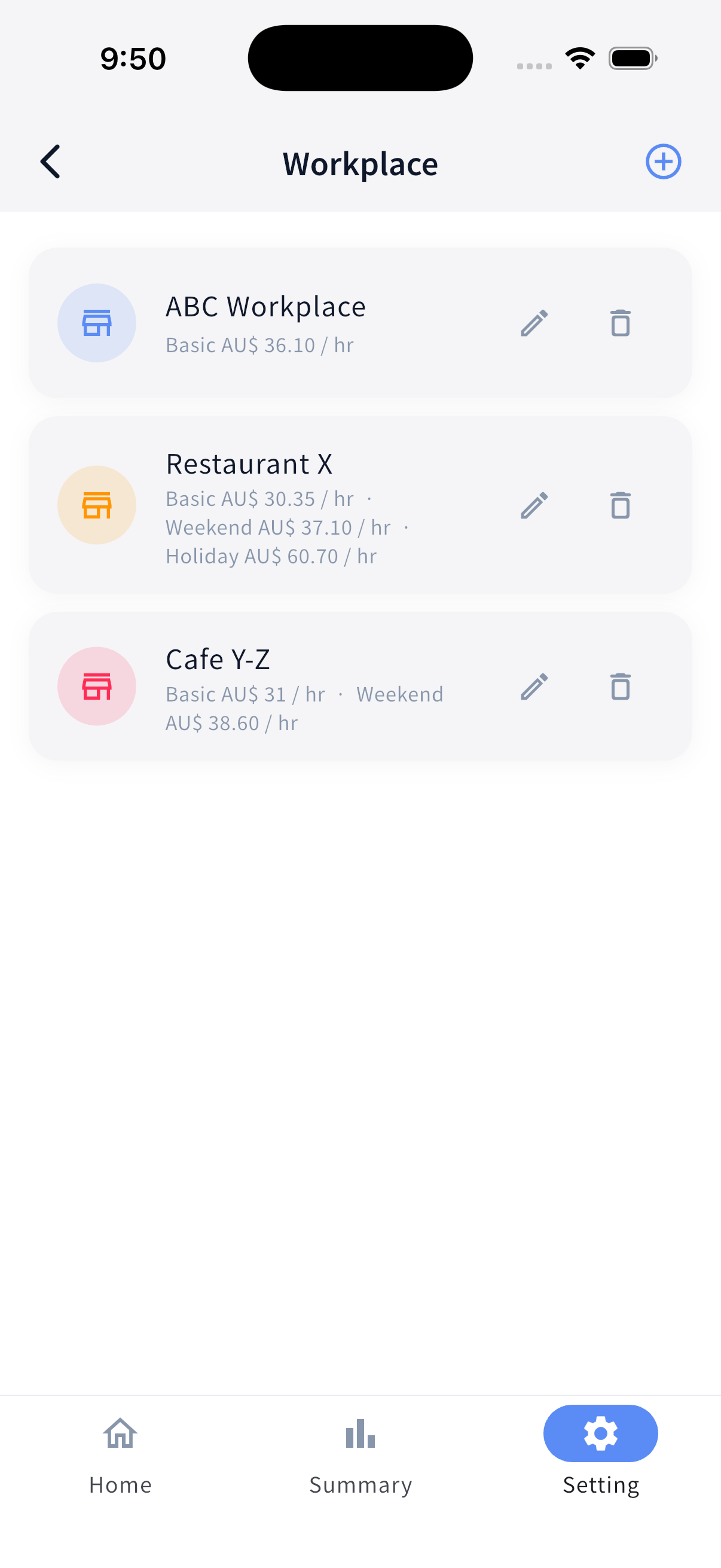 Workplace settings with hourly rates